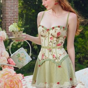 LaceMade 3 Piece Floral Corset Set with Green Gingham Skirt and Matching Cami